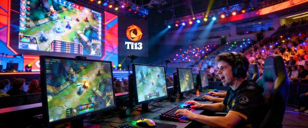 DOTA2国际邀请赛TI13比赛现场，选手正在激烈操作